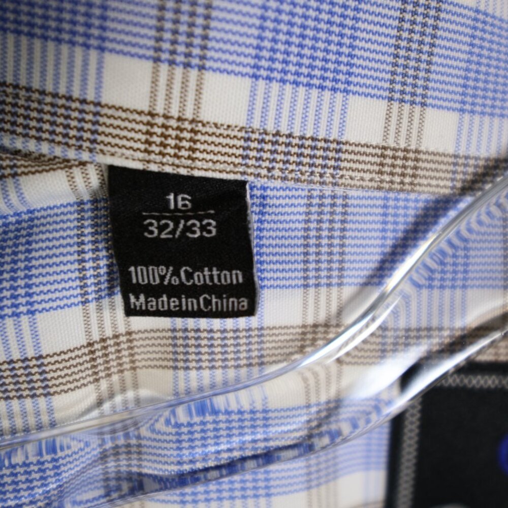 ♥️ 2+, David Donahue Men's 100% Cotton Blue Brown Check Dress Shirt 16 32/33 - Picture 4 of 7